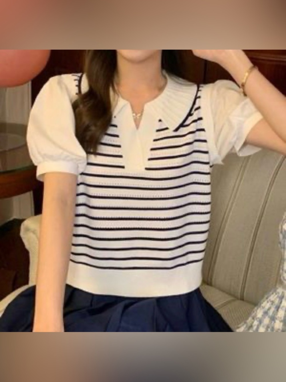 KUOSE striped puff sleeve sweater/blouse combination, cream & navy, size small